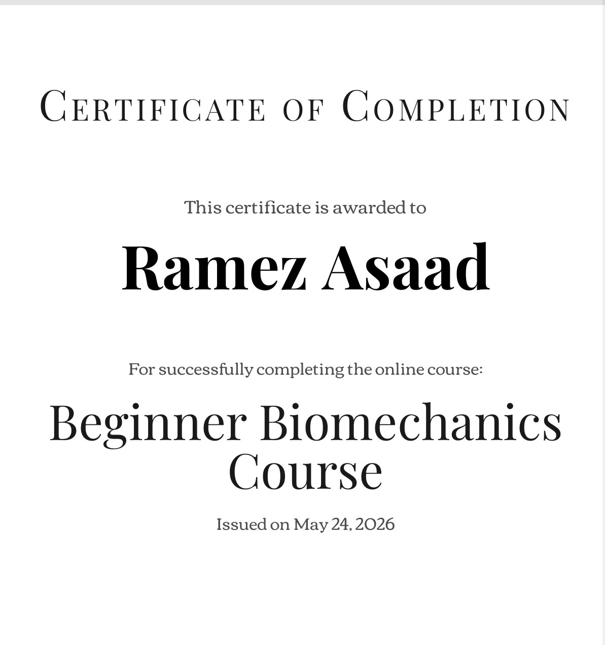 Beginner Biomechanics Course, Certified 2026 certificate