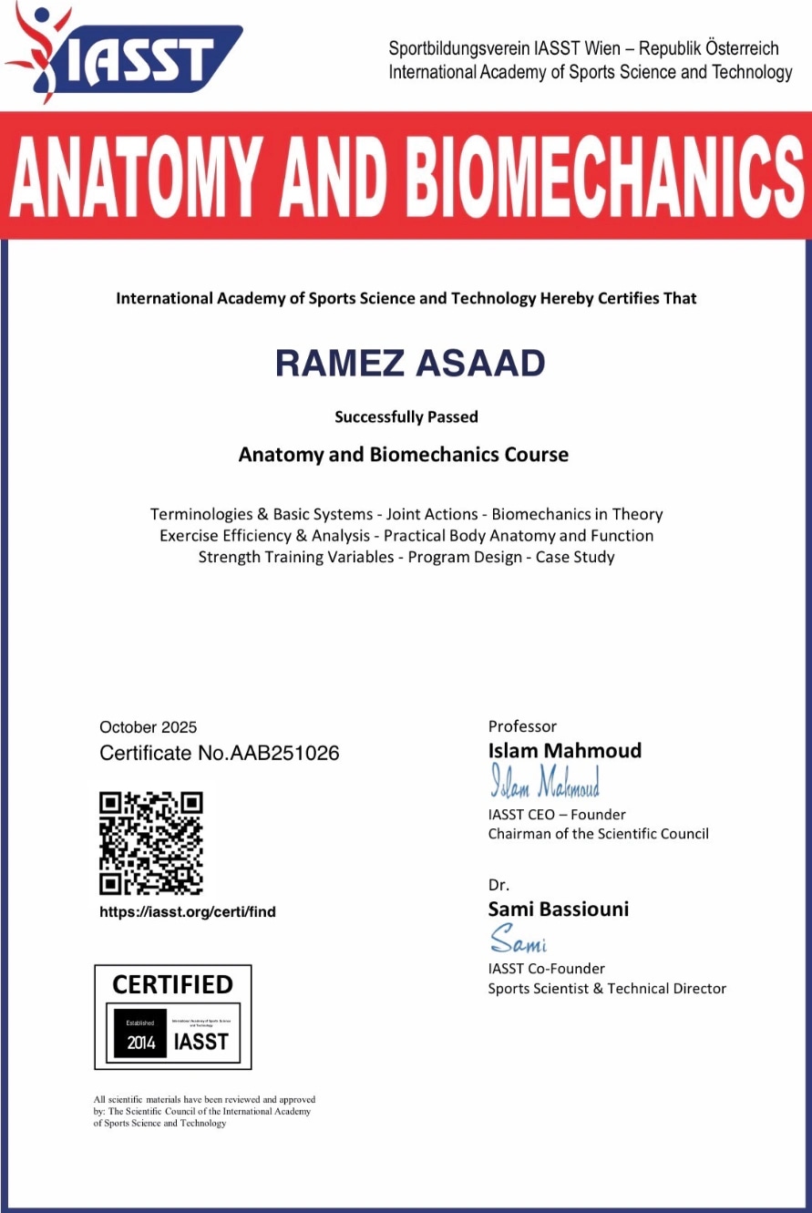 IASST Certified, Anatomy & Biomechanics certificate