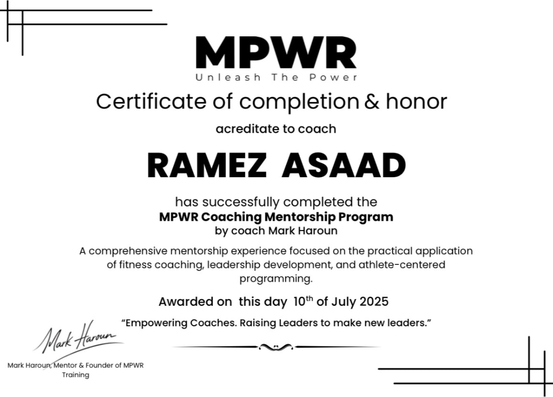 MPWR Mentorship Program, Functional Bodybuilding & Leadership certificate