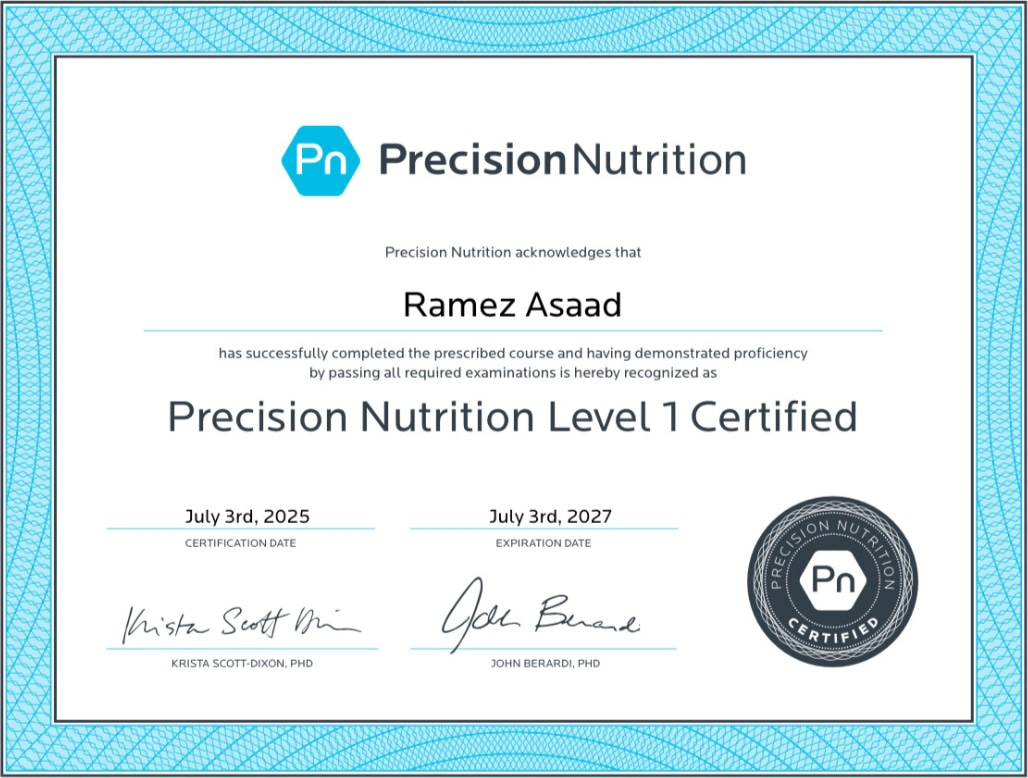 Precision Nutrition Level 1, Nutrition & Coaching Specialist certificate